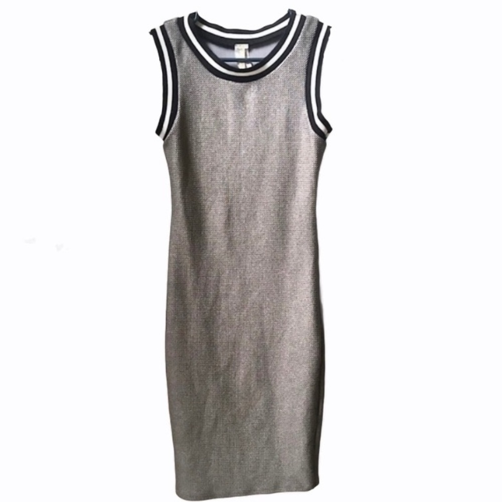 Metallic jersey pencil dress.